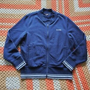 Michael Kors Navy Full Zip Varsity Stripe Fleece Mens Bomber Jacket